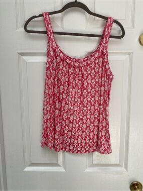 Boden Pink & White Damask Print Tank w Pom Pom Trim on Scoop Neck & Straps - 10